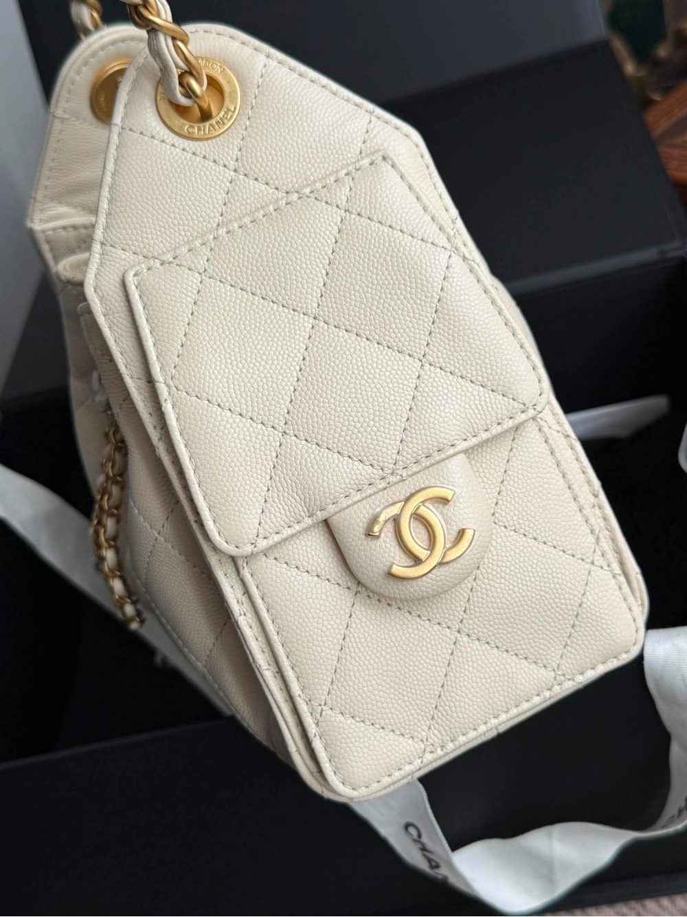 SOLD- CHANEL Mini Cream Quilted Drawstring Shoulder Bag with Gold Hardware - Picture 5 of 8